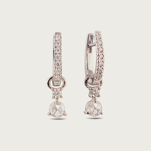 18 kt white gold earrings with diamond creole and rose cut pendant