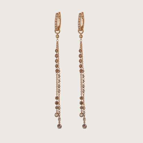 18 ct rose gold long earrings with two tiers of brown diamonds