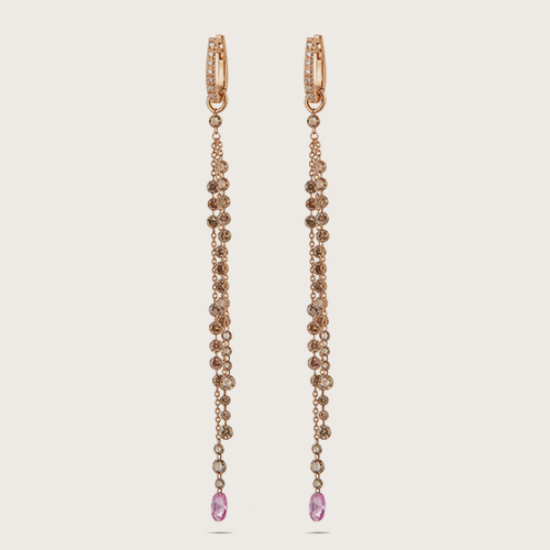 18 ct rose gold long earrings brown diamonds and rose sapphires