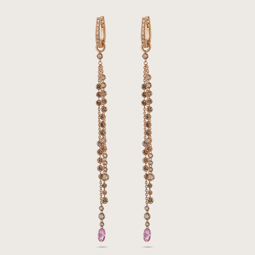 18 ct rose gold long earrings brown diamonds and rose sapphires