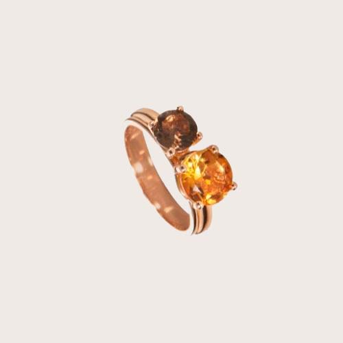 Rose gold ring with citrine and fumé quartz
