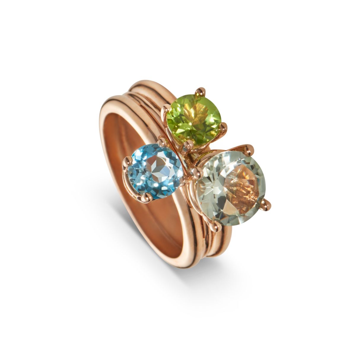 Rose gold ring with prasiolite, peridot, and blue topaz